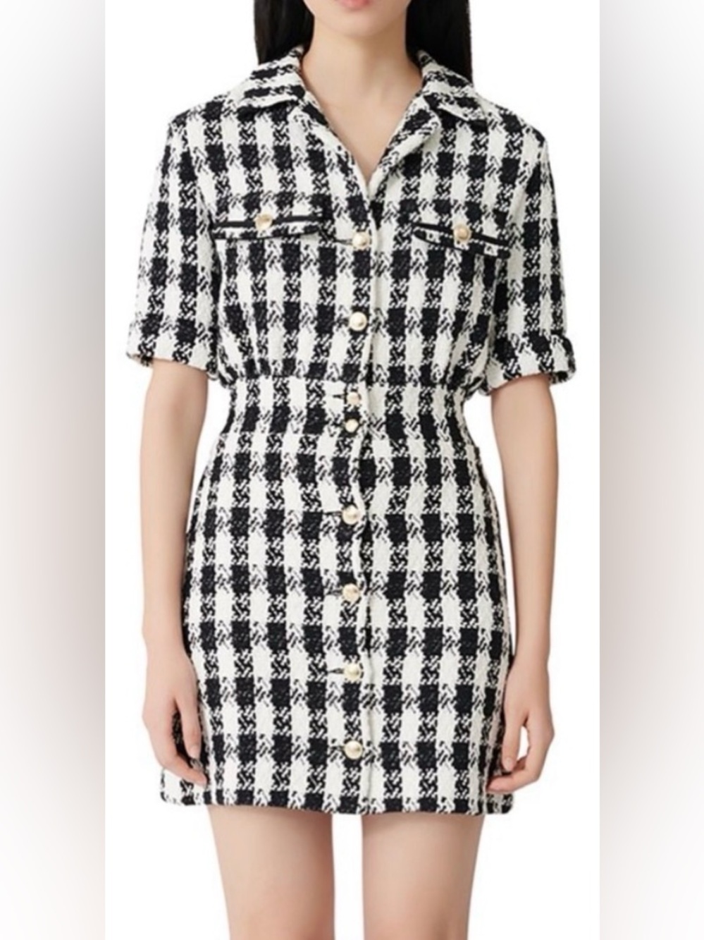 Maje Mini Checkered Tweed Dress Size 34 (XS) Black White
